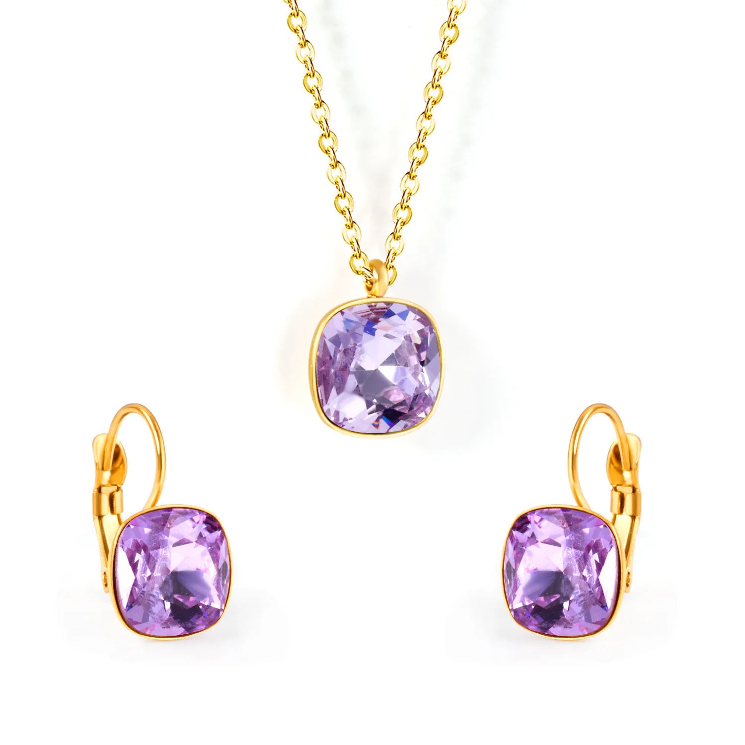 Europe and America Full Rhinestone Crystal Geometric Female Retro Stainless Steel Link Chain Earrings Necklace Set for Women