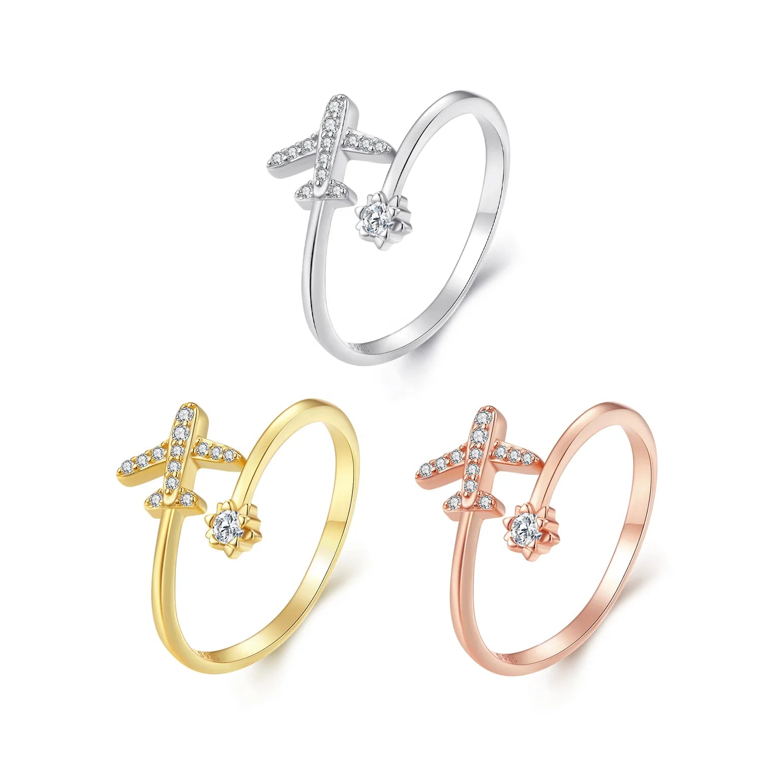 Wholesale 925 Sterling Silver Rose Gold 14K Gold Aircraft Opening Rings for Women Delicate Zircon Airplane Ring Jewelry SCR623