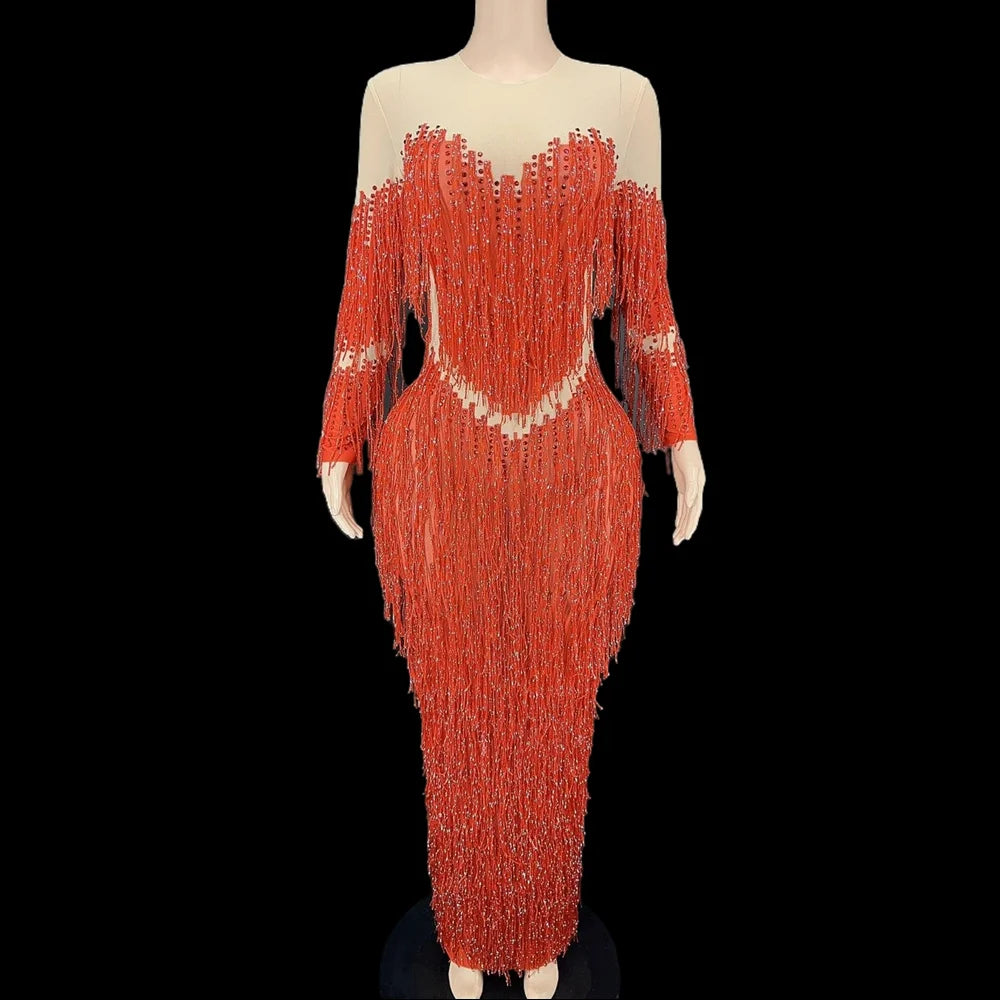 Designer See Through Rhinestone Tassel Ball Gowns Long Birthday Prom Dress Banquet Maxi Dress Women Sexy Bodycon Evening Dresses