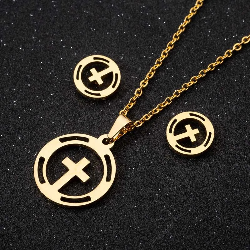 Elegant 18K Gold Silver Plated Cross Pendant Stainless Steel Earring Necklace Jewelry Sets for Women