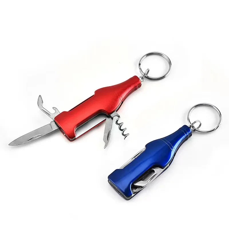 Bottle Shaped DIY OEM Stainless Steel Multi-Tool Keychain Knife with Bottle Opener & File for Promotion