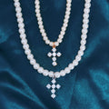 Pearl Necklace for Men Artificial White Pearl Necklace for Women Cz Cross Pendant Pearl Choker Necklace Gifts for Boy Girls