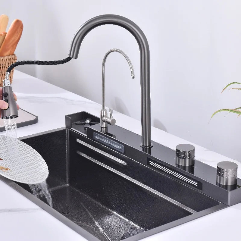 Custom LOGO Super Large Single-slot Household Waterfall Sink Knob Switch Flying Rain Kitchen Sink With Cup Wash