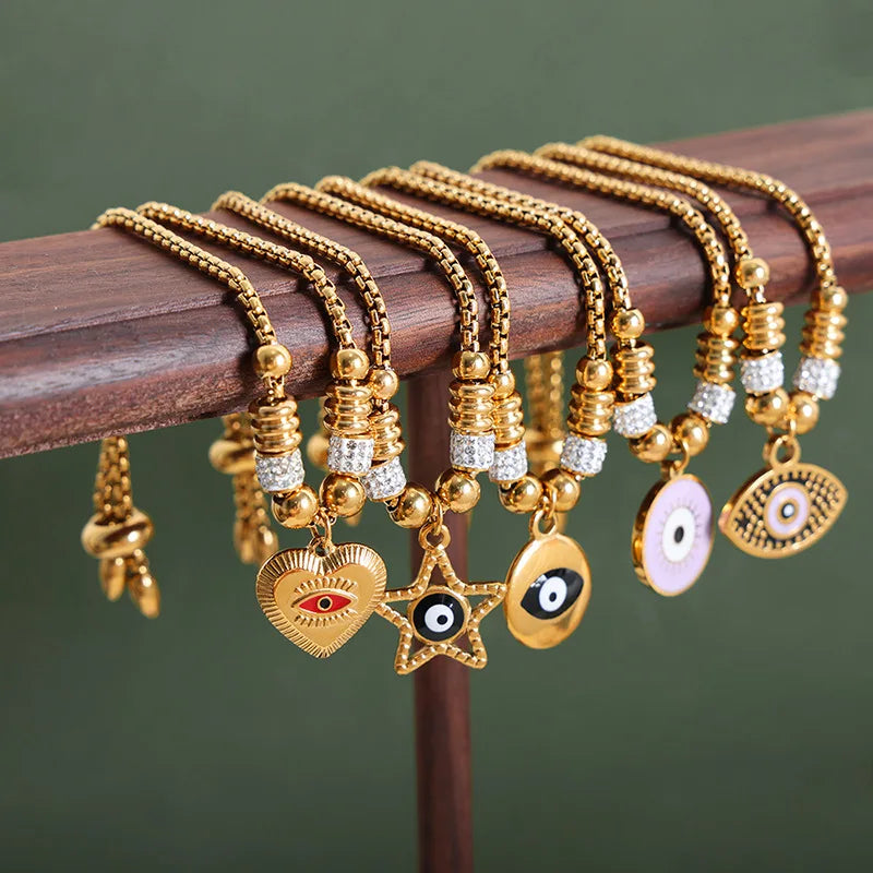 High End Gold Plated Stainless Steel Vintage Colorful Enamel Eye Pendant Bracelet for Women Wholesale Jewelry