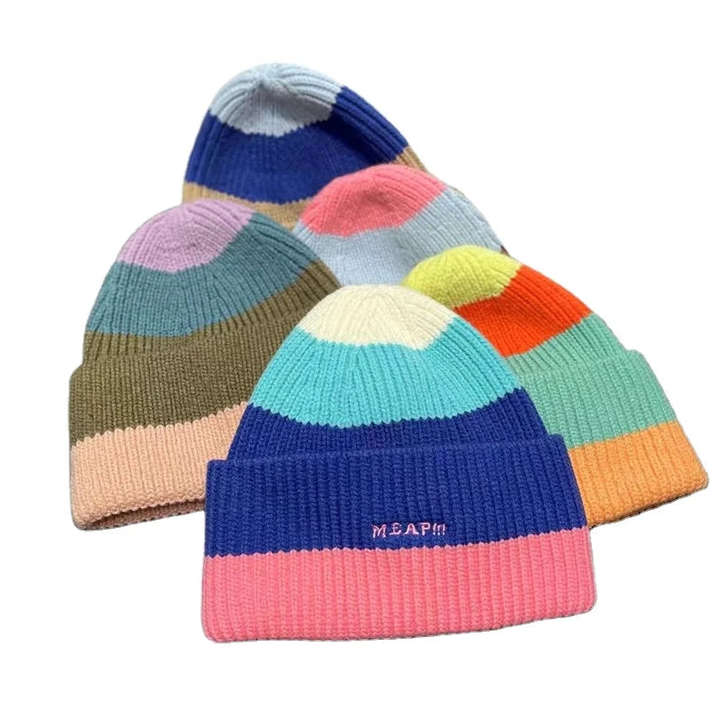 Trendy Beanies Cap Grunge Vintage Winter Striped Beanie for Women