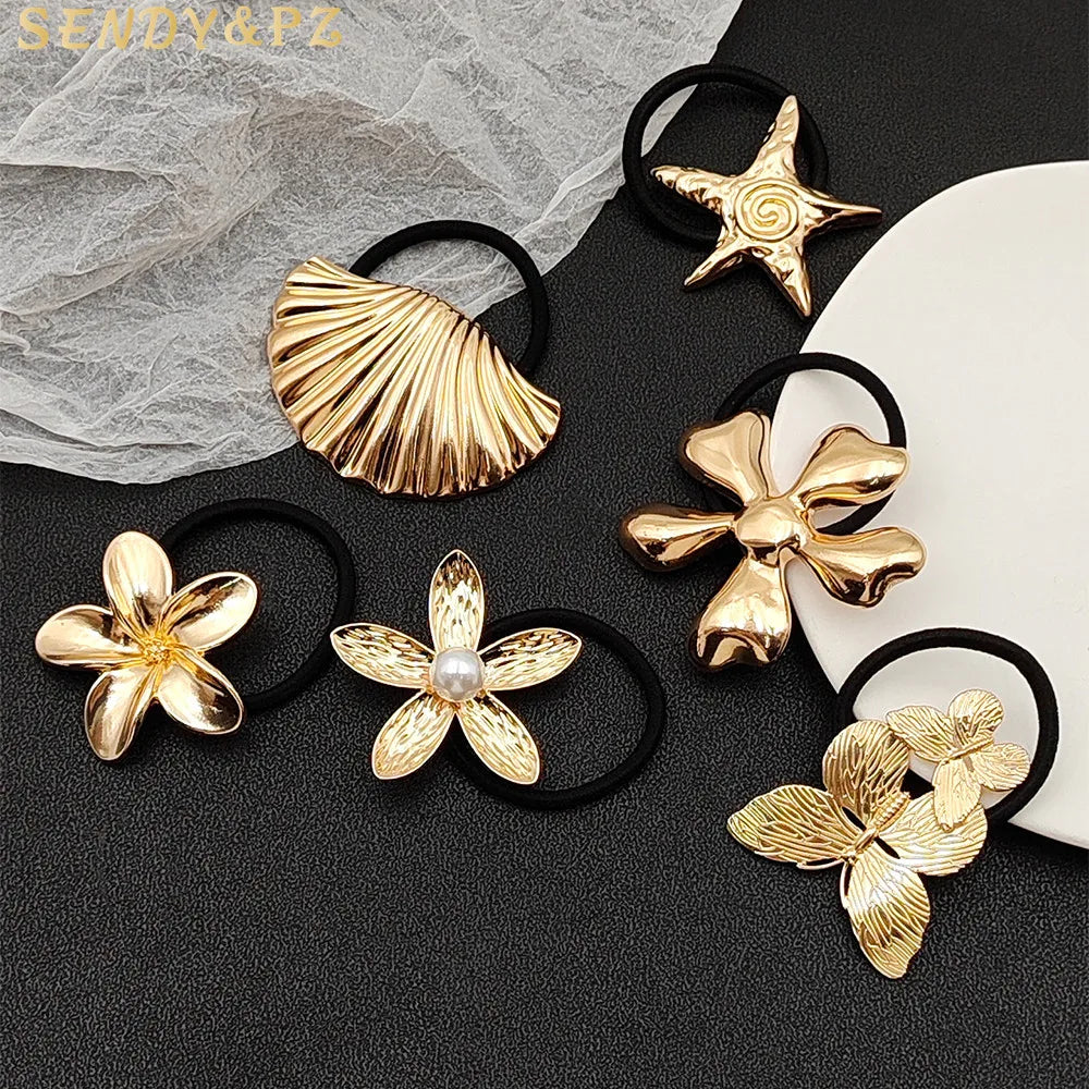 New Women High-quality Ponytail Metal Elastic Hair Bands Alloy Gold Flowers Arc Geometric Metal Women Hair Ties