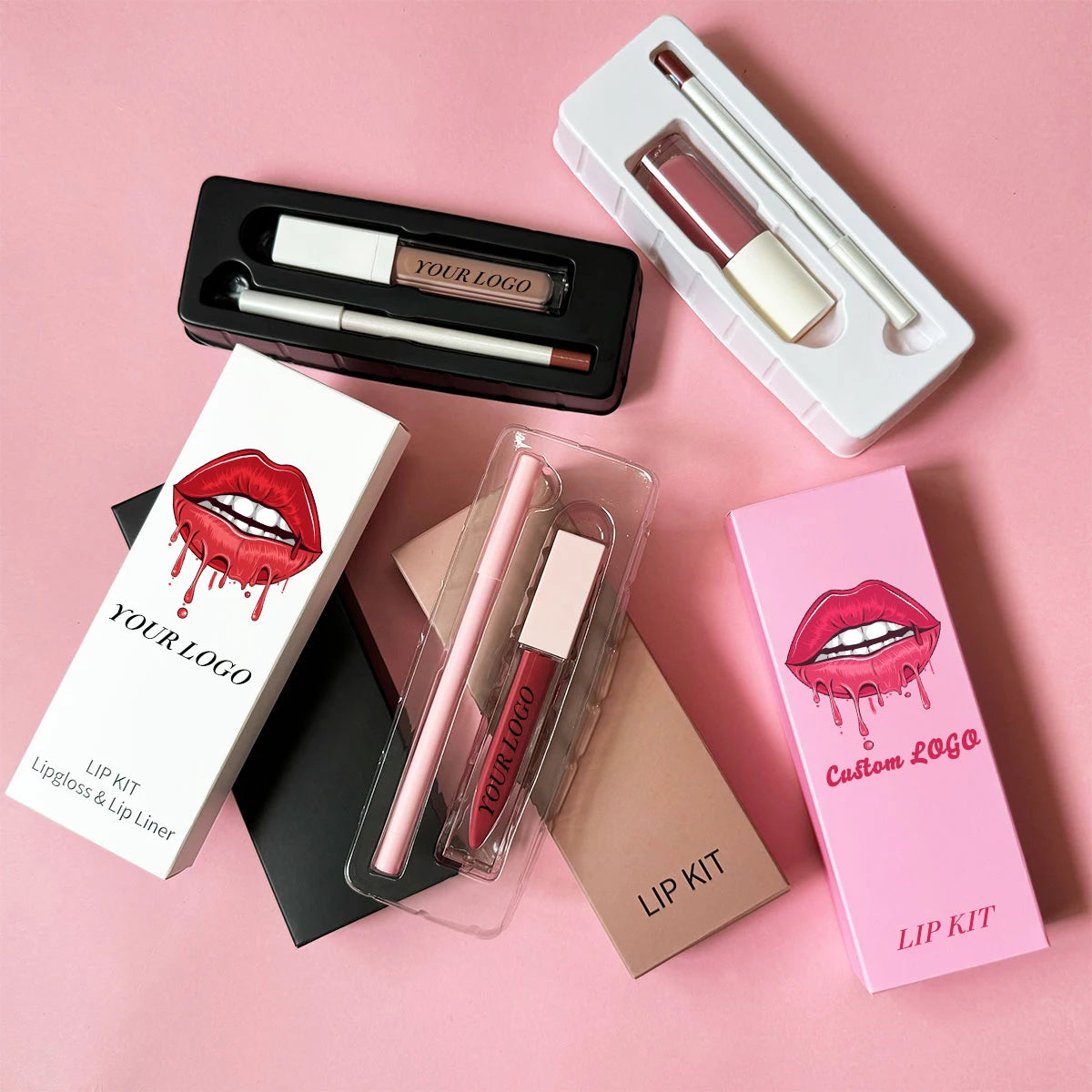 Wholesale Custom logo pink Nude clear Lip Gloss Lip Liner Combos Set High Pigmented Vegan Private Label Lip Kit