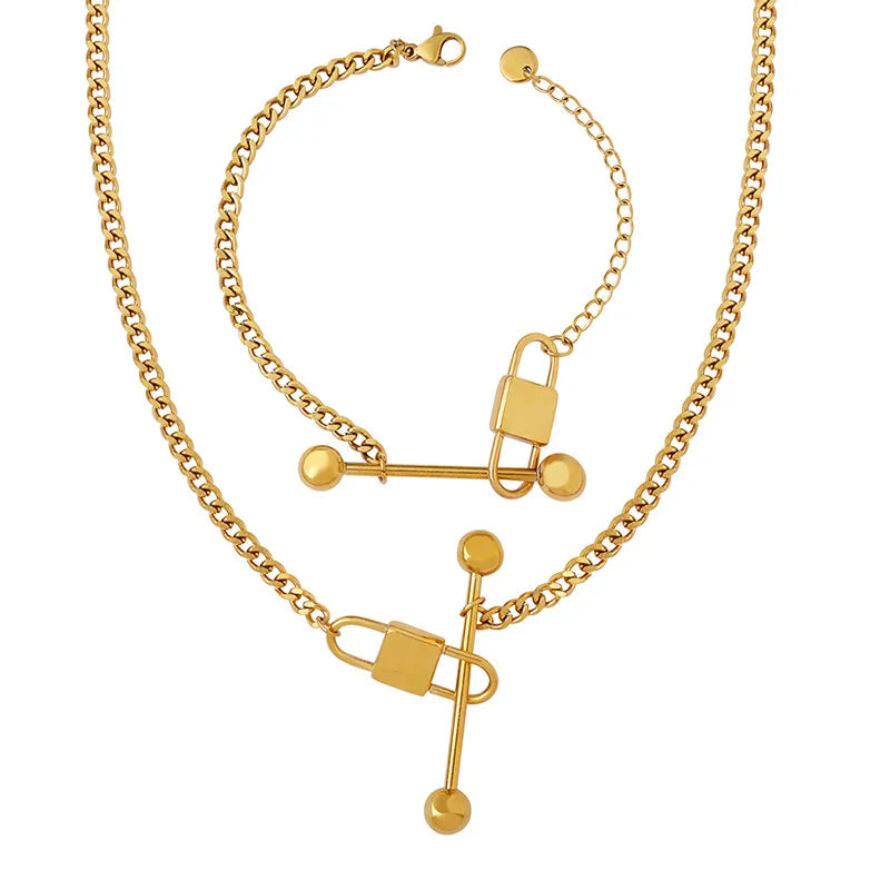 Wholesale IVANDA 18K PVD Gold Plated Stainless Steel Hook Link Chain Necklace Bracelet Unisex Anniversary Casual/Sporty Fashion