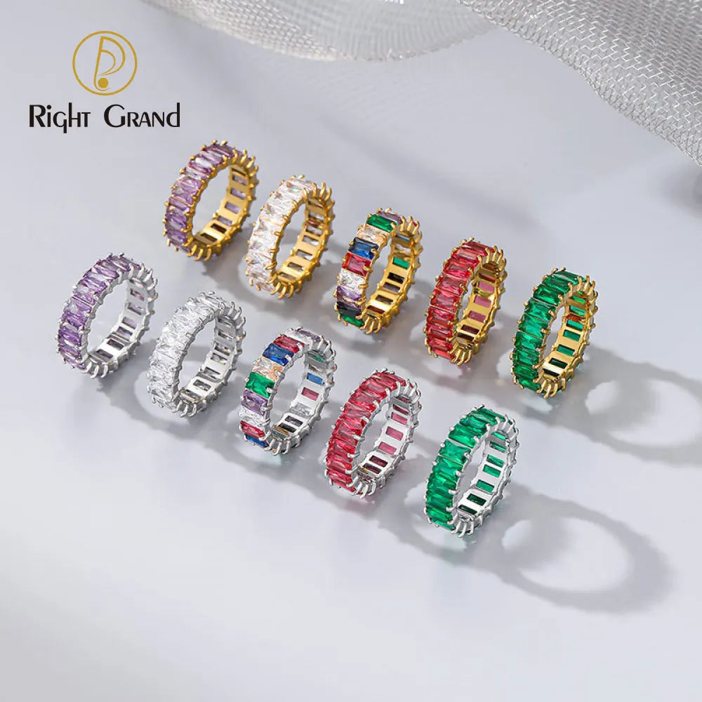 Pink Green Purple CZ Baguette Ring 18K Gold Plated Stainless Steel Non Tarnish Jewelry Cubic Zirconia Zircon Ring