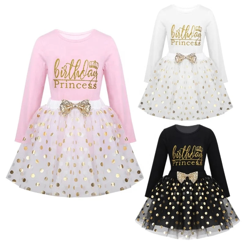2-6Years Kids Princess Outfit Long Sleeve Shirts Tops With Polka Dots Bubble Skirt Set Birthday Dresses for Girl