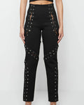 Custom High Waist Straight Pants for Women Plus Size Elastic with Lace-up Crocheted Hollow Out Decoration for Spring
