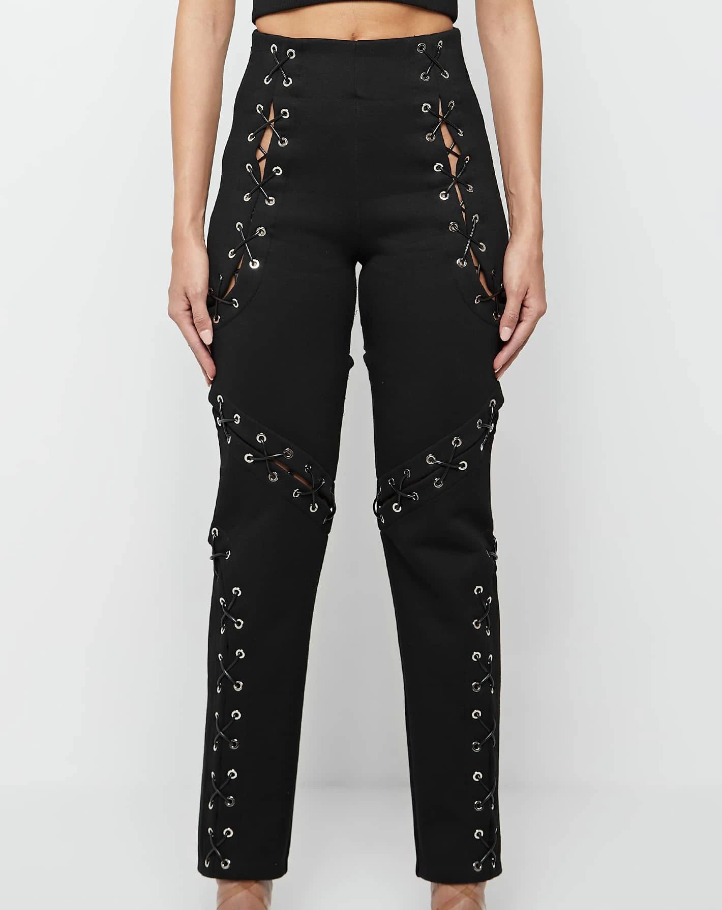 Custom High Waist Straight Pants for Women Plus Size Elastic with Lace-up Crocheted Hollow Out Decoration for Spring