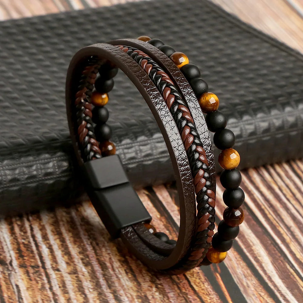 Punk Natural Stone Leather Cuff Bracelet Men Punk Multilayer Leather Wrap Bracelet Jewelry Bracciale in Pelle Personalizzato