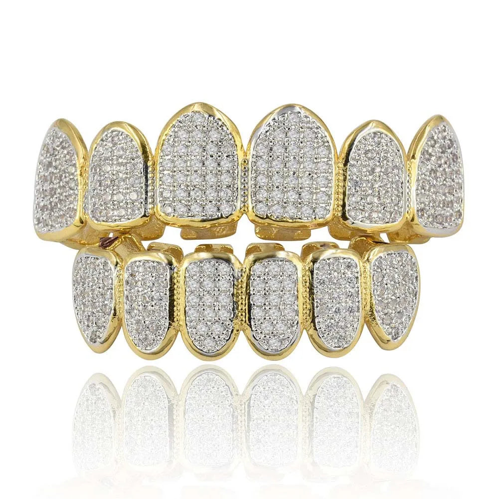 Classic 6/6 Hip Hop/Punk Teeth Grillz Set Gold Silver Teeth Grillz Top & Bottom Grills Dental Mouth Caps Cosplay Party