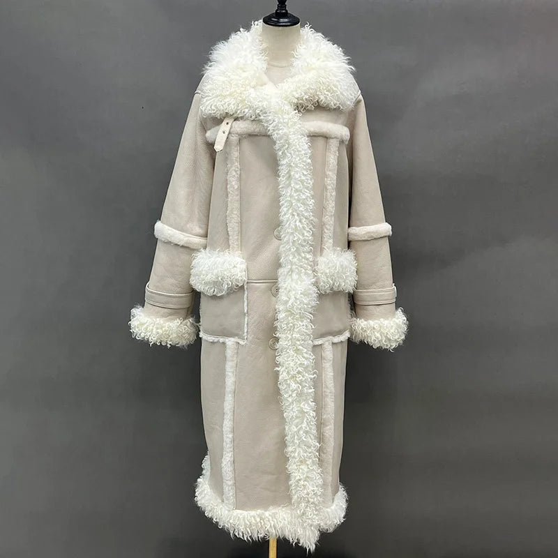 Women Soft and Luxury Shearling Long Coat Mongolian Fur Collar Winter Coat