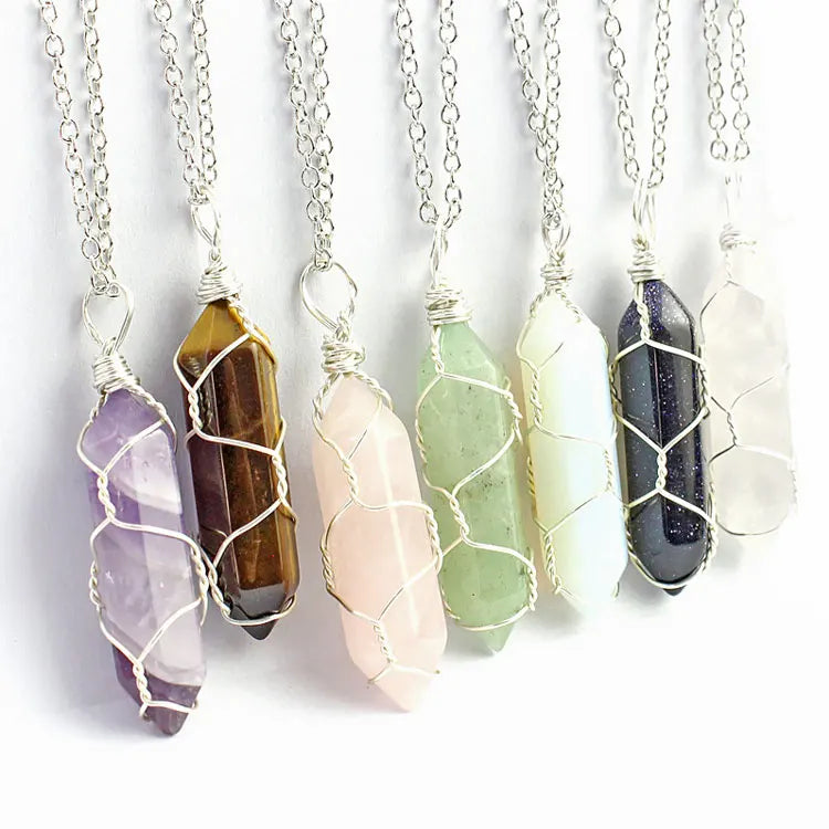 SC Natural Jade Stone Necklace Jewelry Bullet Shape Rose Quartz Necklace Wrapped Wire Hexagon Healing Crystal Necklace 2023