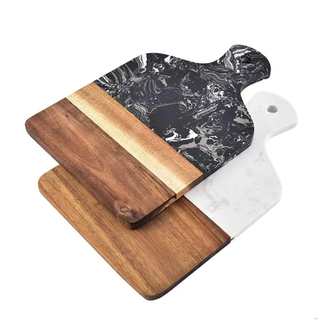Acacia Wood Rectangle Black White Marble Cheese Platter Paddle Shaped Cutting Display Board with Handle