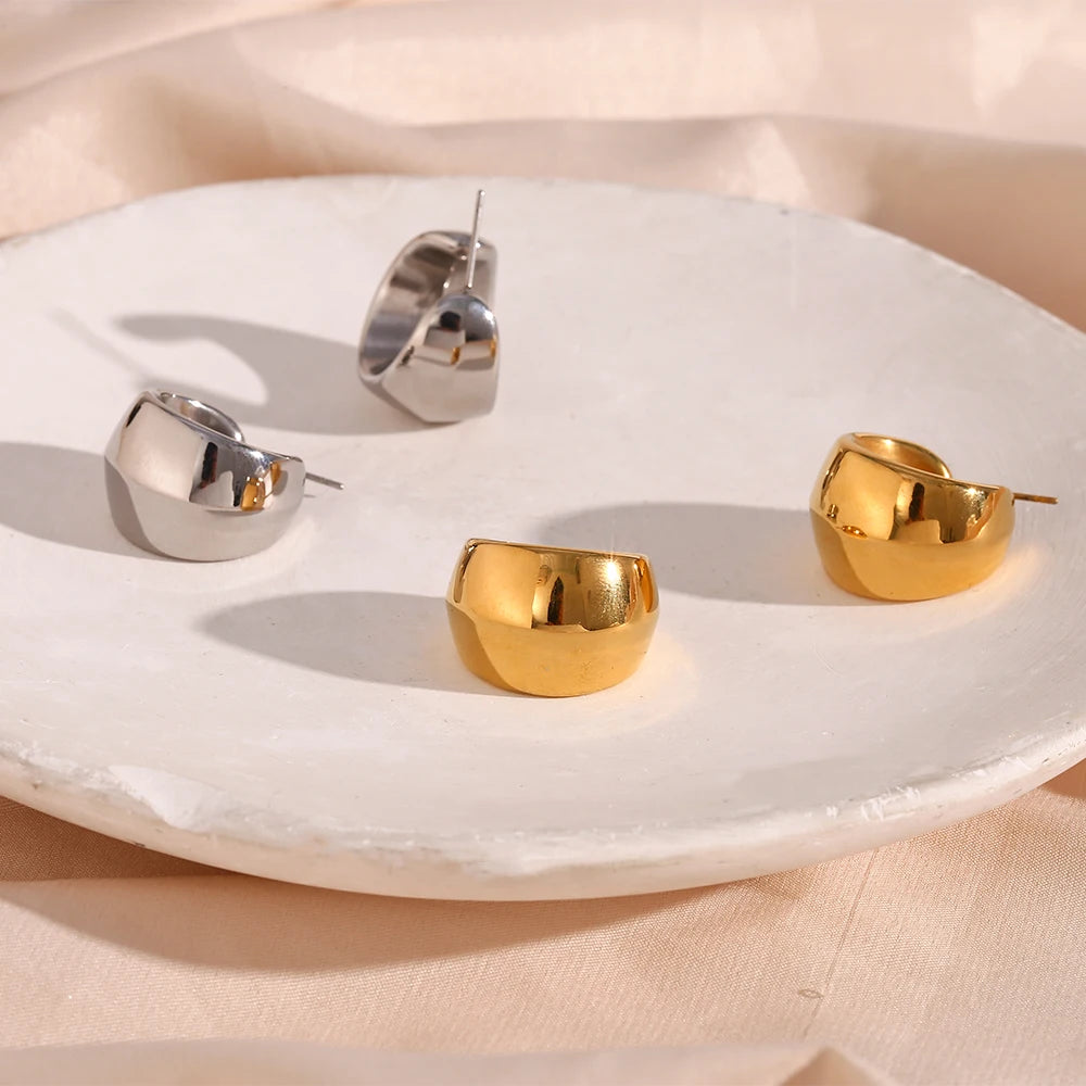 Waterproof Fashion Jewelry 18k Gold Plated Thick C Shape Earrings Stainless Steel Chunky Hoop Earrings for Women