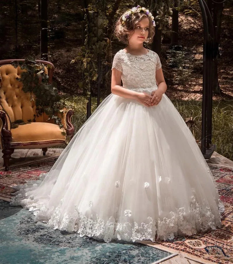 New Fashion Girl Party Wear Sleeveless High-low 3D Flowers Bow Lace Ball Gown Flower Girls Tulle Pink Dress