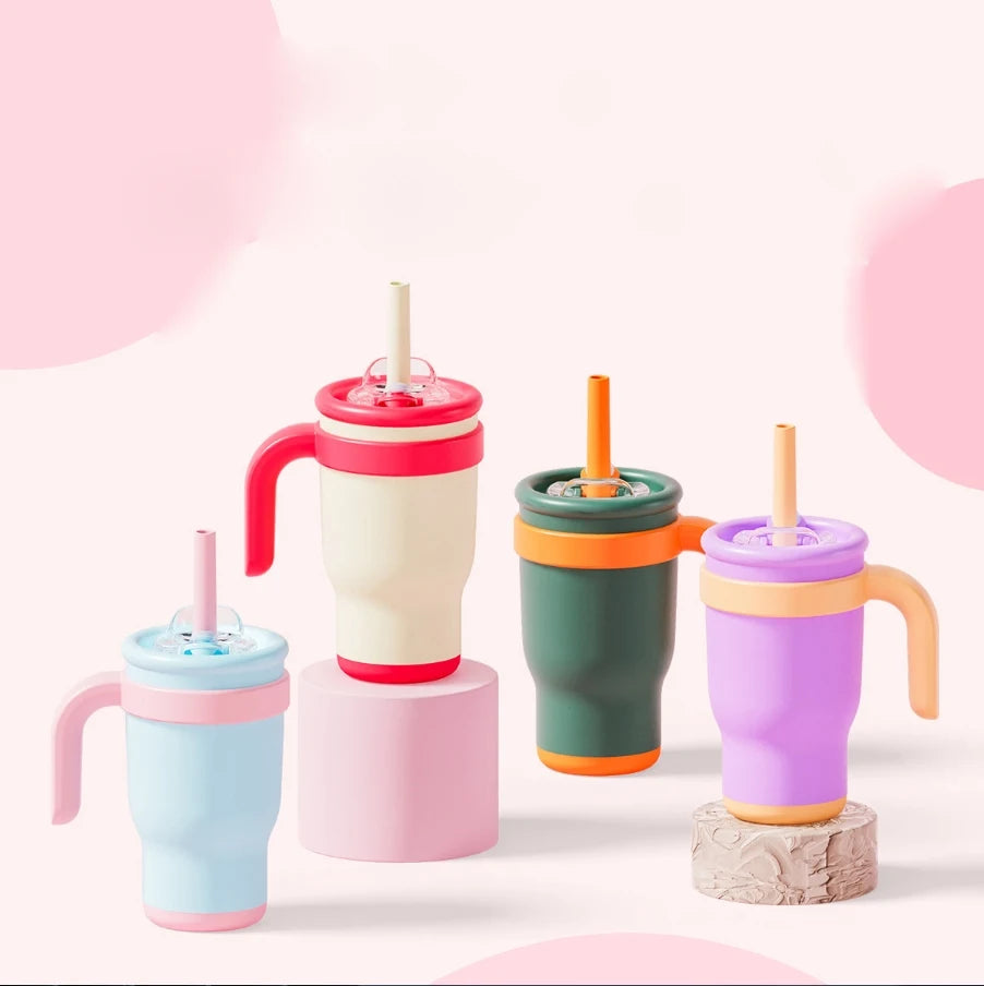 Wholesale 14oz Stainless Steel Toddler Vacuum Powder Coated Travel Coffee Mug Custom 14oz Kids Tumbler With Handle and Straw