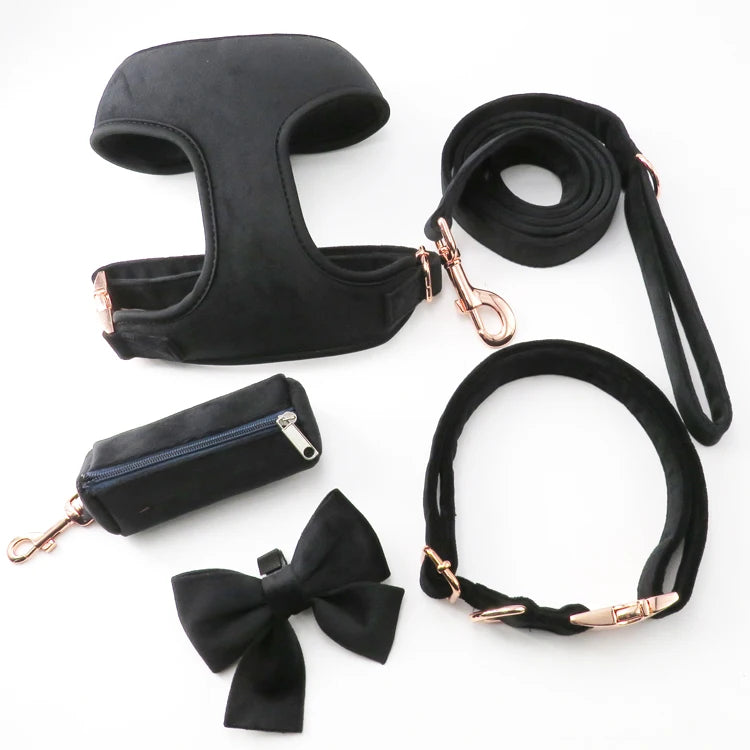2024 OEM Custom Velvet Blue Adjustable Dog Harness Luxury Metal Accessories Winter Dog Harness Collar Leash Set