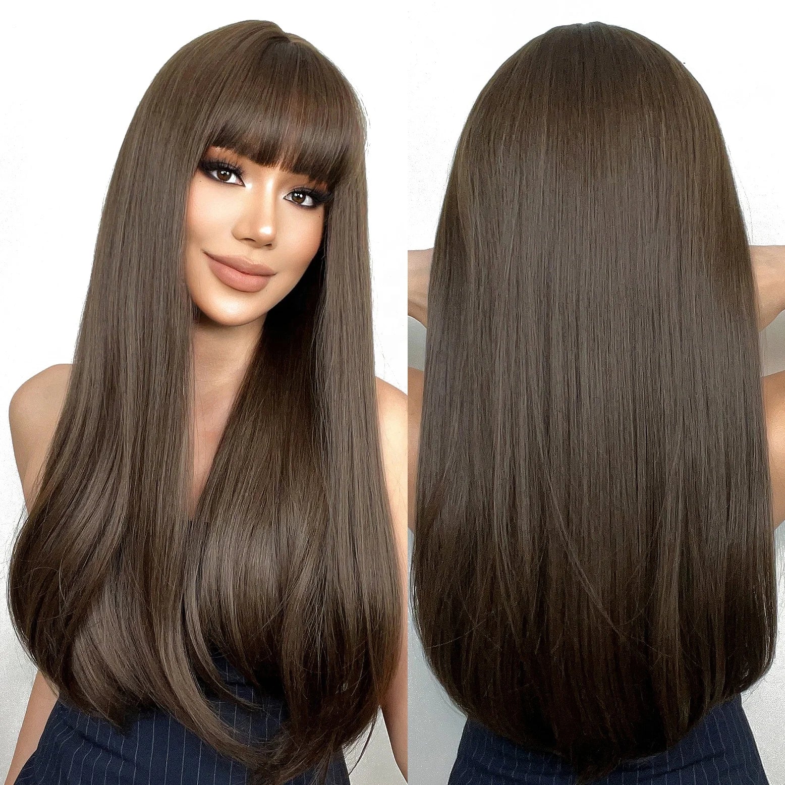 Dark Brown Synthetic Wig Straight Long With Bangs Smooth Premium Matte Chemical Fiber Wigs for Women Middle Parted Hair