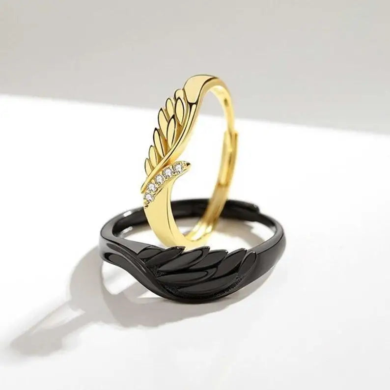 Romantic Silver Plated Vintage Couple Ring for Wedding Jewelry Valentine's Day Gift Angel Devil Wing Open Adjustable Ring