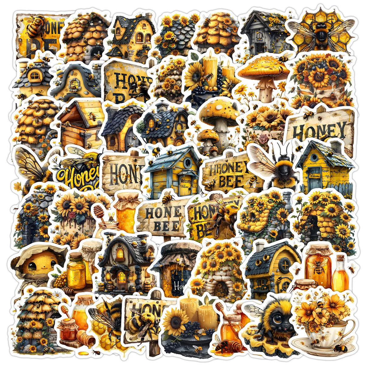 50Pcs Cute Creative Bees Graffiti Stickers for Wall Bottle Honey Bee Art Drawing Sunflower Sticker MegaBDM