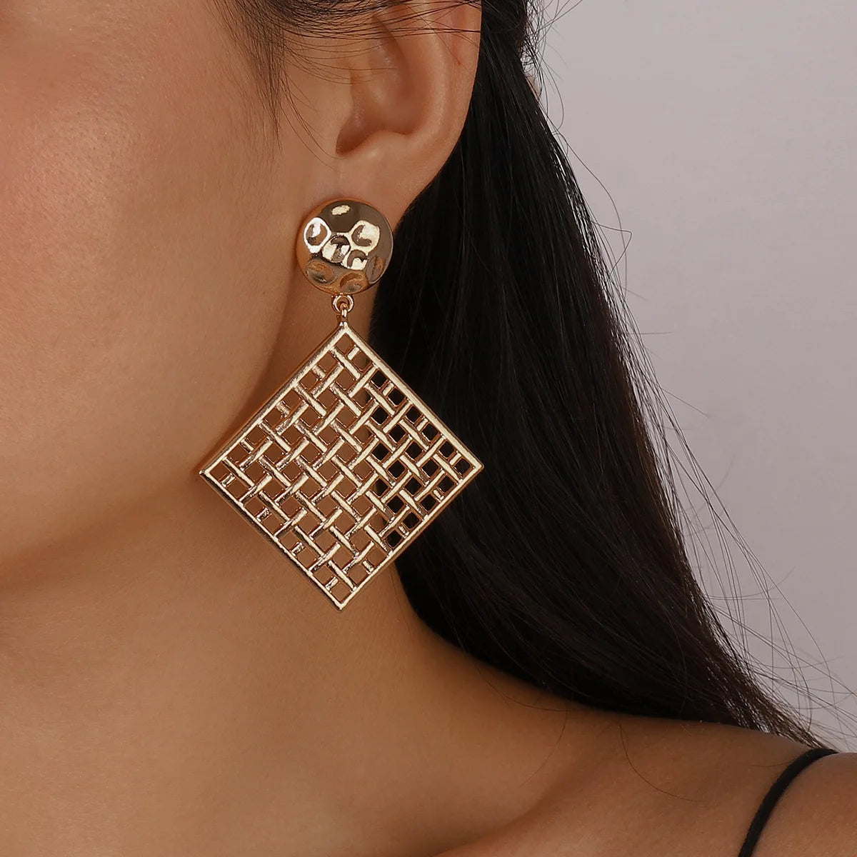 Exaggerated Metal Geometric Square Shape Drop Earrings Punk Chic Gold Plated Hollow Grid Earrings Hollow Square Earrings