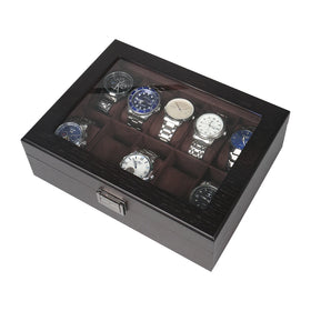 10 Slot Retro Dark Brown Wooden Watch Box Organizer Case with Brown Suede Interior