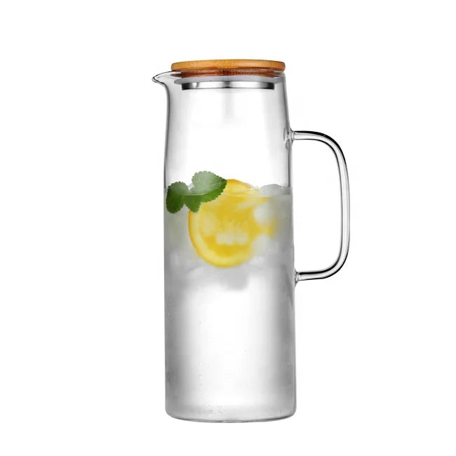 48oz Borosilicate Glass Water Pitcher Bamboo Lid Beverage Carafe for Coffee Tea Lemon Water Iced Tea Juice for Home Office Use