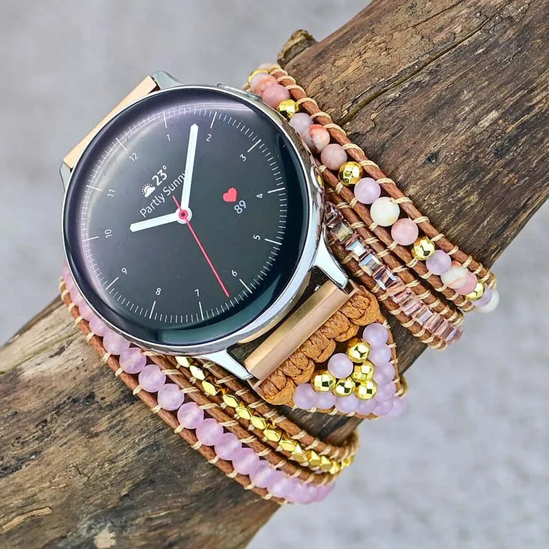 Handmade 5-Layer Woven Watch Strap 20 22mm Natural Pink Crystal Removable Rose Quartz Watchband