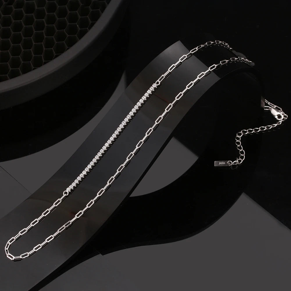 RINNTIN SC63 Silver S925 White Round 5A Cubic Zircon Double Design Tennis Chain Paper Clip Chain Necklace
