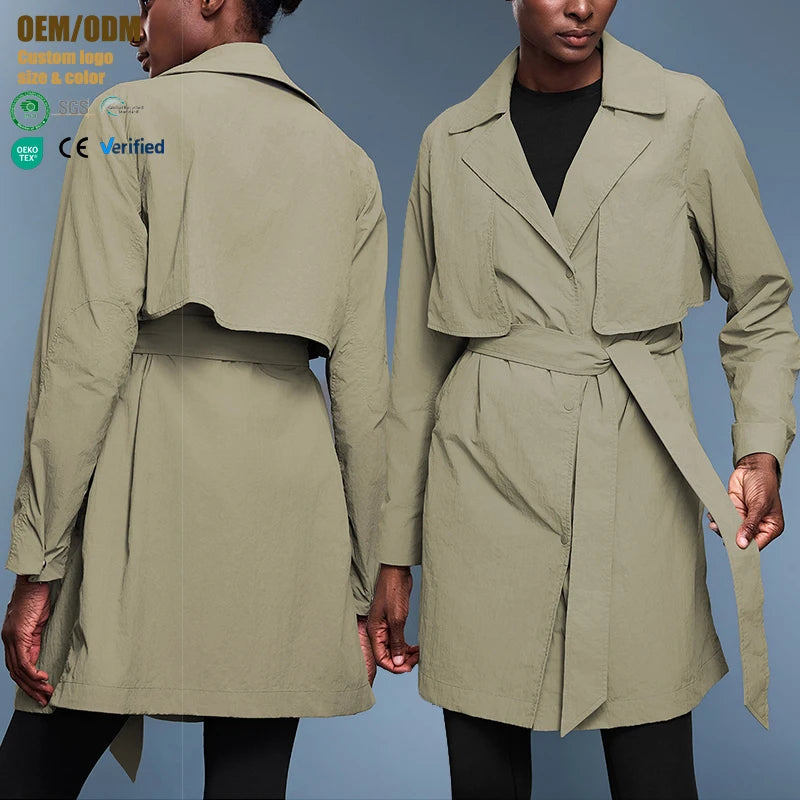 High Quality Windbreaker Waterproof Winter Women Slim Belted Mid-length Over the Knee Softshell Coat Girls Outdoor Jackets