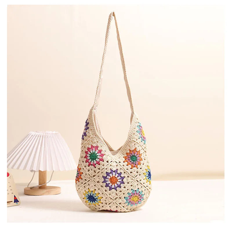 Wholesale Handmade Crochet Granny Square Straw Bag Boho Chic Eco-Friendly Tote Bag