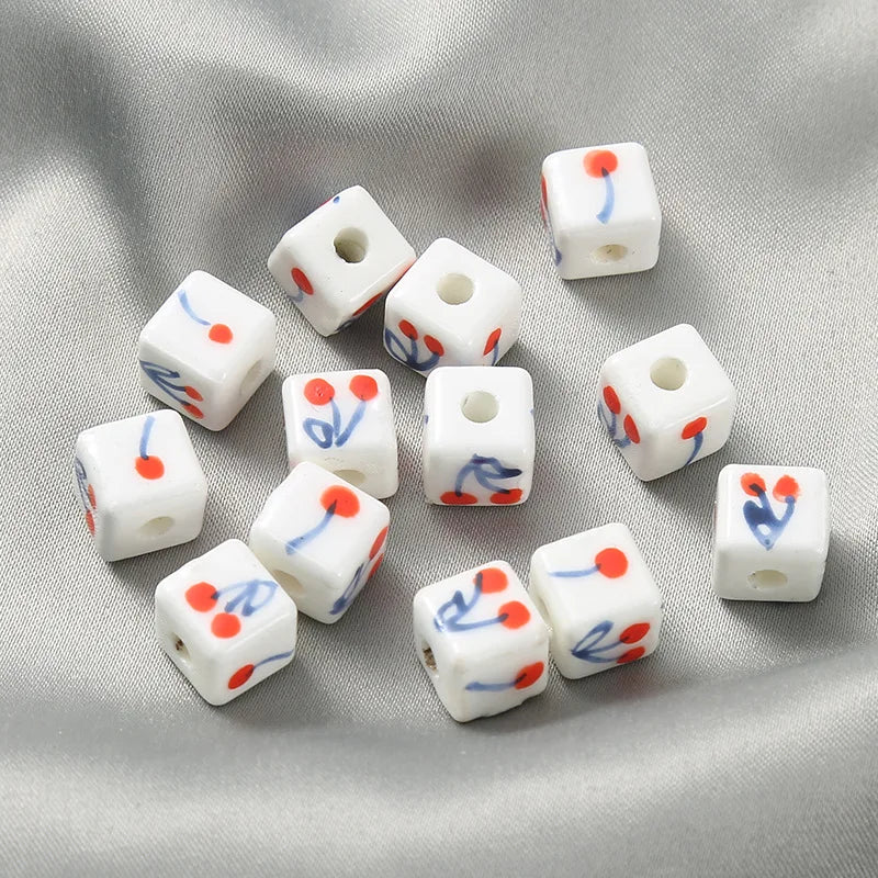 Wholesale Hand-Painted Cherry Ceramic Beads Square Porcelain Loose Beads in White Blue Red Pink Clay for Jewelry Making Findings
