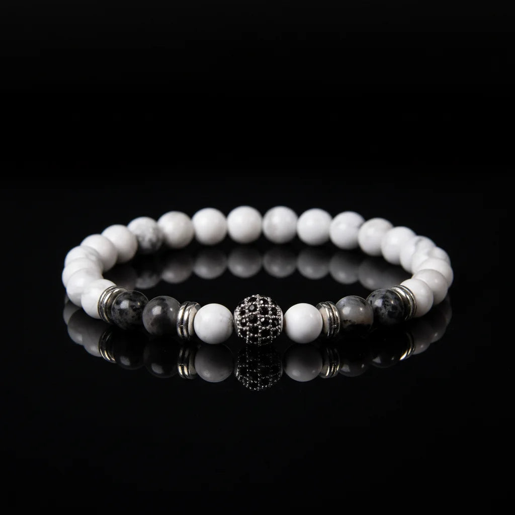 6mm Natural Agate White Howlite 8mm Zircon Pave Rhinestones Beads Sliver Alloy Spacer Personality Stretch Bracelet