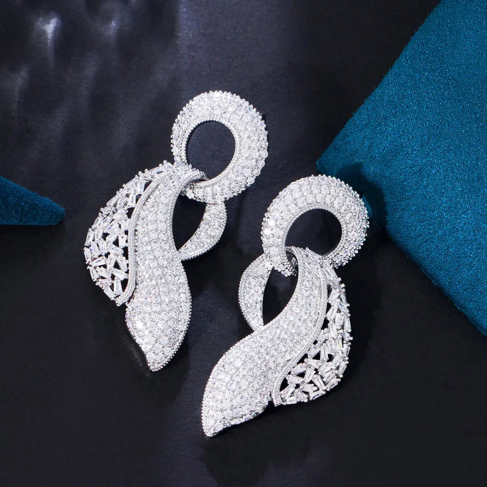 2023 Symmetrical Round Dangly Cubic Zirconia Luxurious Extra Large Statement Long Big Earrings for Women Wedding Party Event