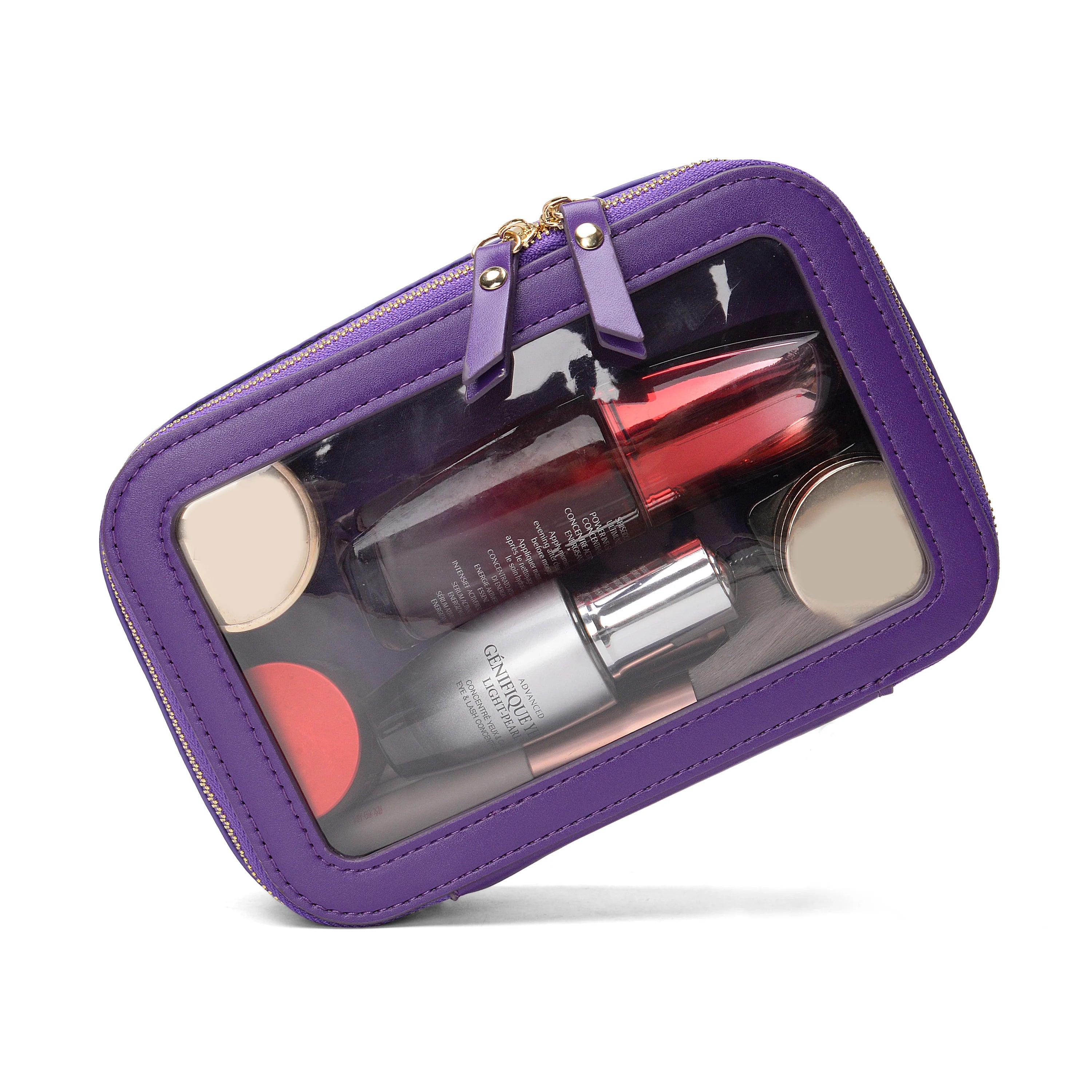 Travel Make up Bag Clear Window Waterproof Toiletry Bag Purple PU Leather Cosmetics Pouch Purse Organizer