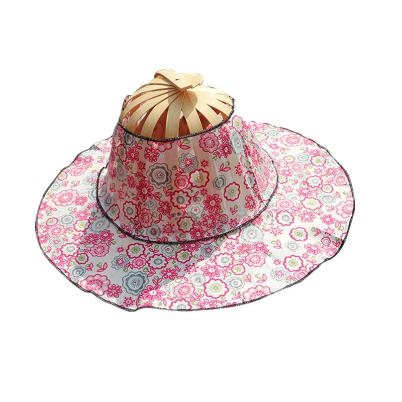 Ready to Ship Bamboo Fan Sun Hat Painted Floral Bamboo Folding Hat for Outdoor Travel.