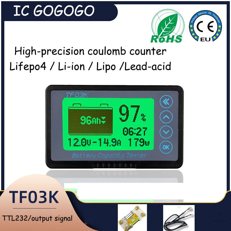 120V TF03K Coulomb Counter Meter Battery Capacity Indicator Voltage Current Display TTL232 Lithium Lifepo4 Lead Acid EBike Car
