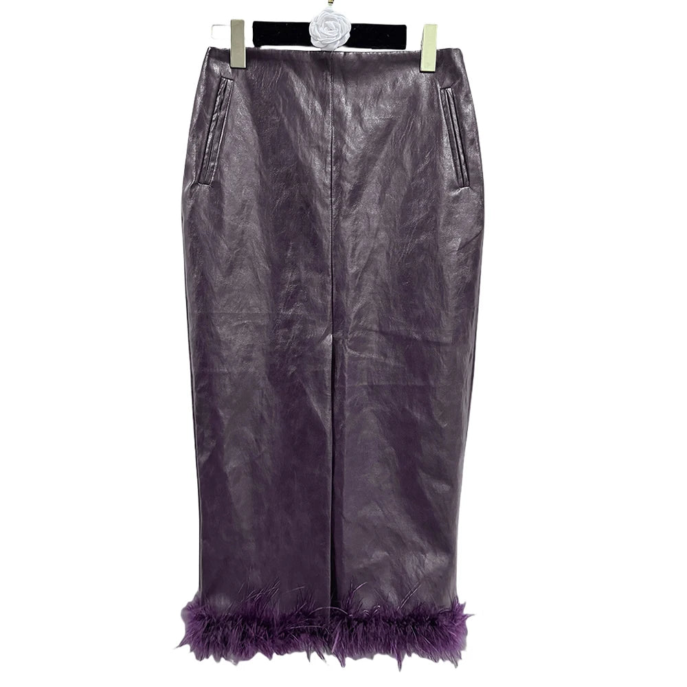 TWOTWINSTYLE New Design Temperament PU Leather Splicing Feather Split Skirt High Waist Slimming Half Skirt