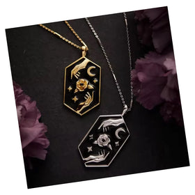 Fashion Jewelry Vintage Hexagon Rose Palm Tarot Pendant Star Moon Stainless Steel Chain Necklace Fine Choker Necklace for Women