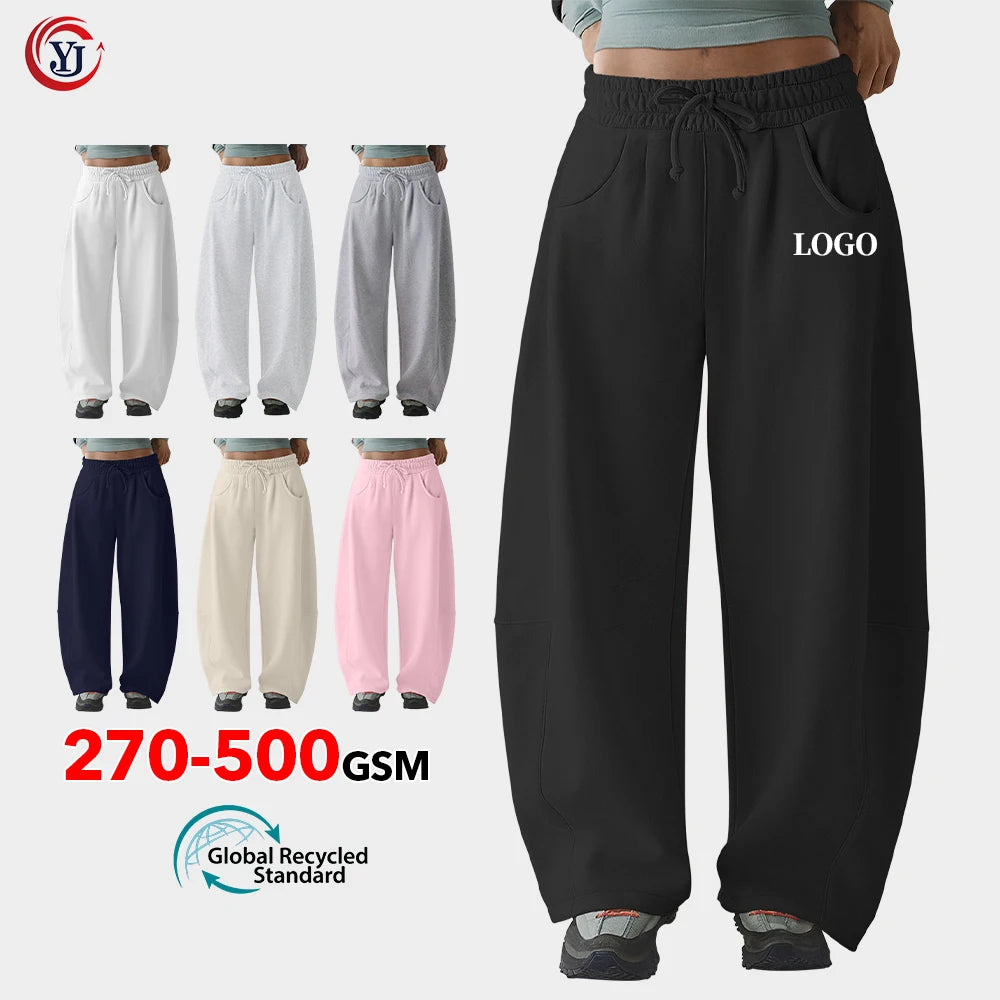 Custom Women's Breathable Eco-Friendly Fleece Lined Polyester/Cotton Wide Leg Baggy Jogging Sweatpants Drawstring Closure