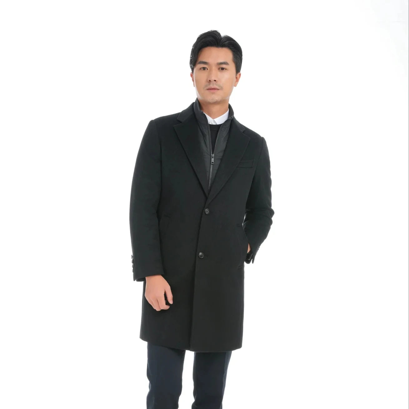 2023 Bosha MTM Custom Men's Long Black Overcoat Single-Bretted Thick Anti-Shrink Turn-Down Collar Buttons