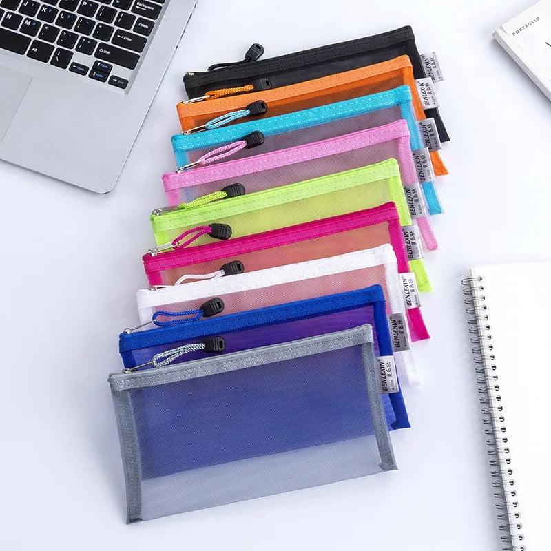 Multifunctional Plastic Mesh Zipper Pouch for Travel Office Storage-File Pockets Exam Pencil Case Document Pouch for Office