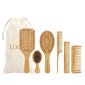 Custom Logo 6-Piece Multi-Size Paddle Hair Brush and Comb Set 100% Natural Bamboo Wood Common Comb Fashion Adjustable Wide Tooth