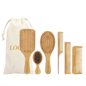Custom Logo 6-Piece Multi-Size Paddle Hair Brush and Comb Set 100% Natural Bamboo Wood Common Comb Fashion Adjustable Wide Tooth