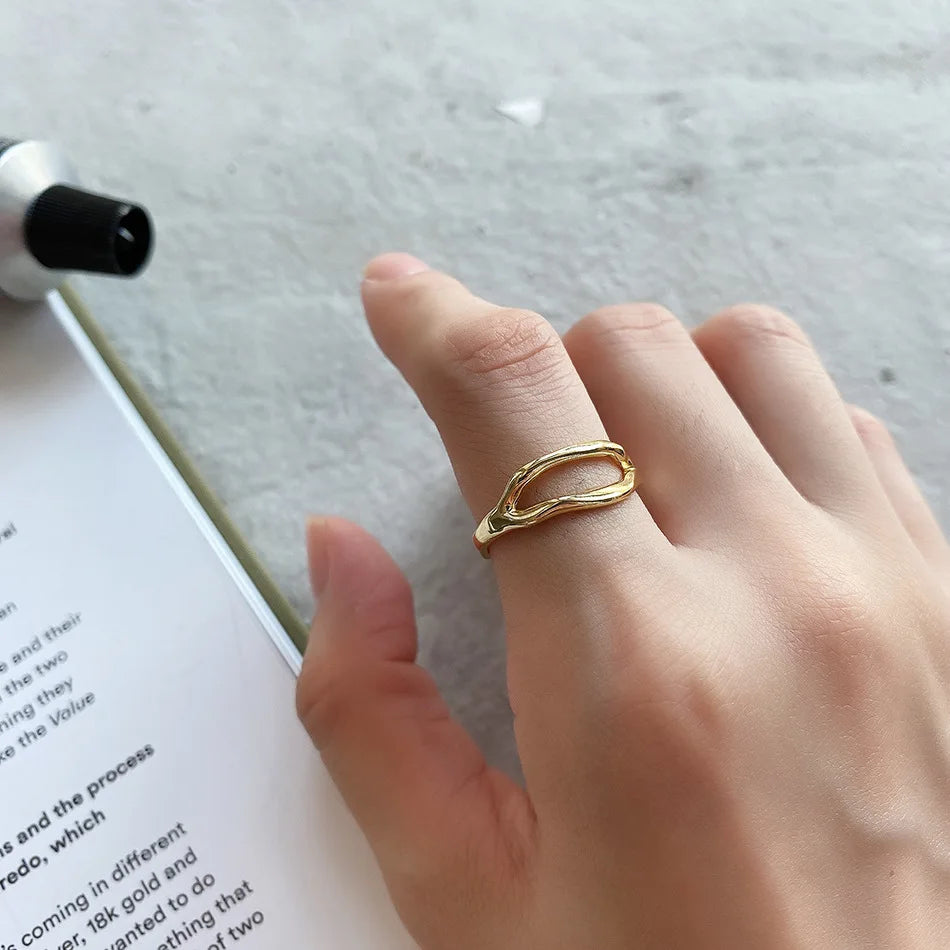 VIANRLA 925 Sterling Silver Open Adjustable Ring Hollow Oval Women's Gold Silver Ring MegaBDM