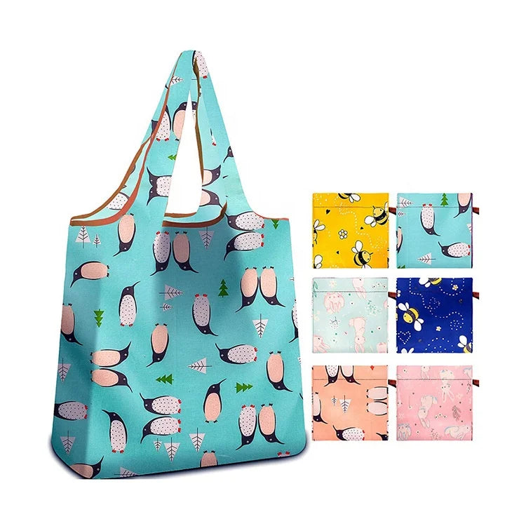 Heavy Duty 190t Polyester Expandable Grocery Tote Bag Foldable Reusable Letter Folding Bolsas Compra Plegable for Shopping